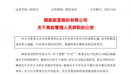 顧家家居：副總裁姚斌辭職