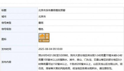 北京市升級(jí)發(fā)布暴雨橙色預(yù)警！五區(qū)升級(jí)發(fā)布暴雨紅色預(yù)警！注意防范——