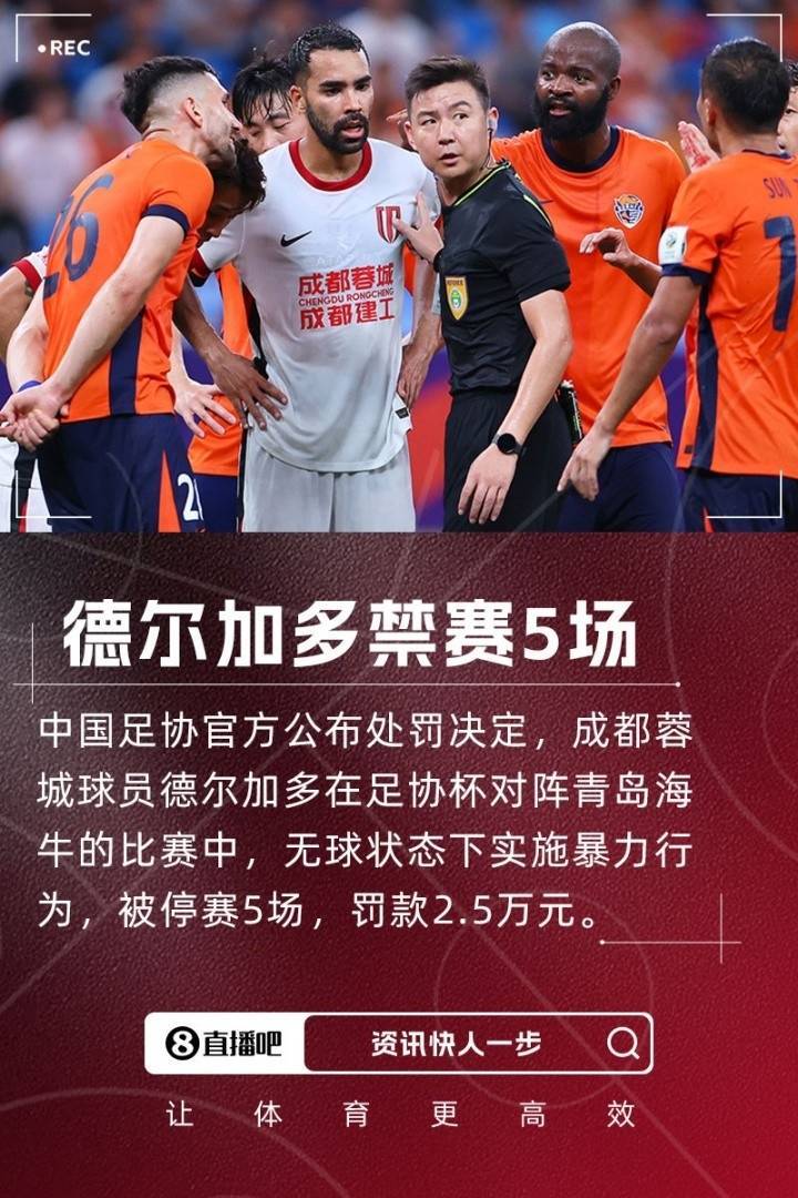 朱藝：蓉城止步足協(xié)杯半決賽，德爾加多剩余5場(chǎng)停賽在中超執(zhí)行