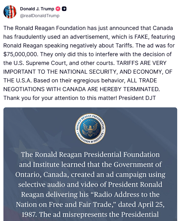 “終止所有與加拿大的談判”！看電視看到“加拿大反關(guān)稅廣告”，特朗普怒了